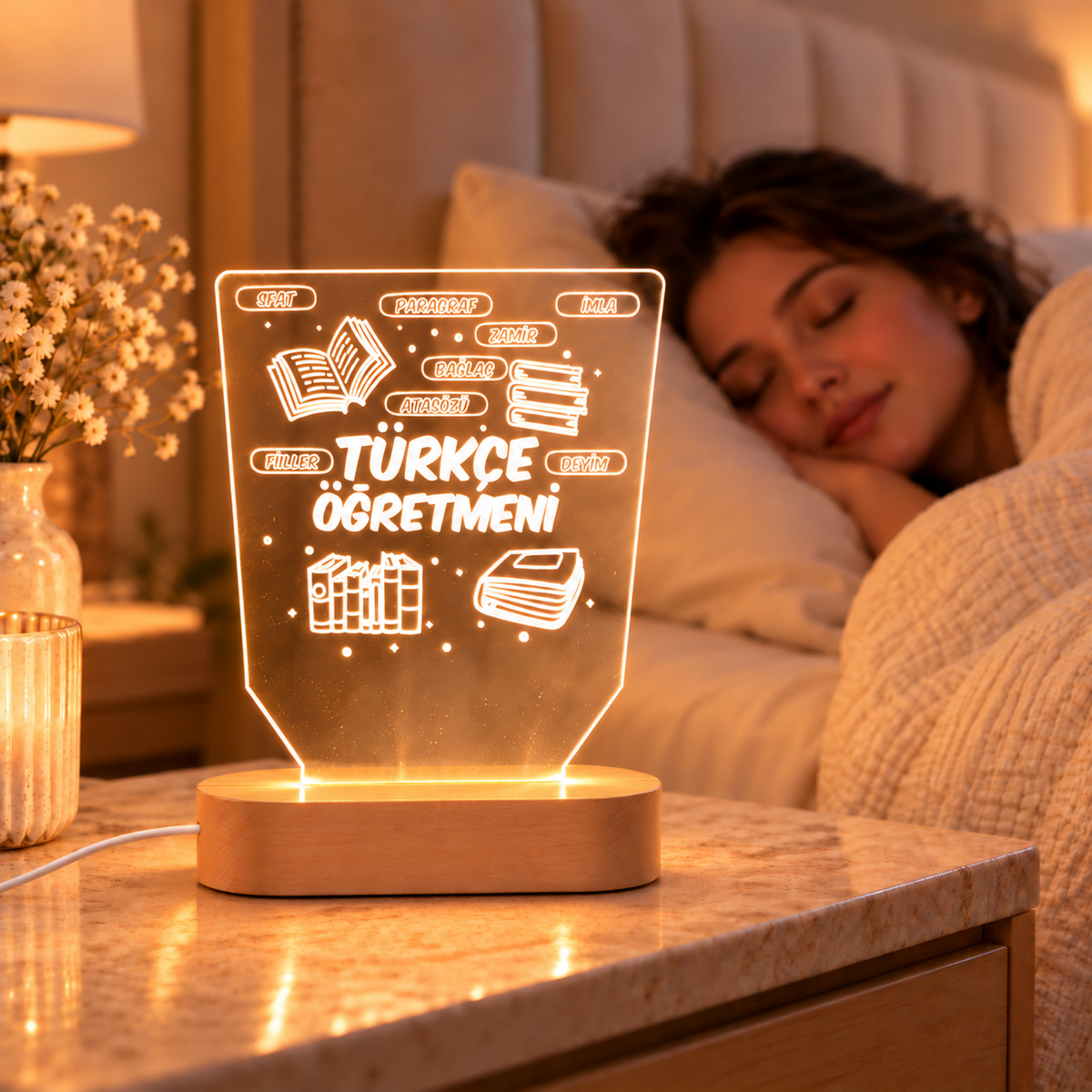 Türkçe öğretmenine özel LED gece lambası – komodin üzerinde sıcak ışıklı kullanım