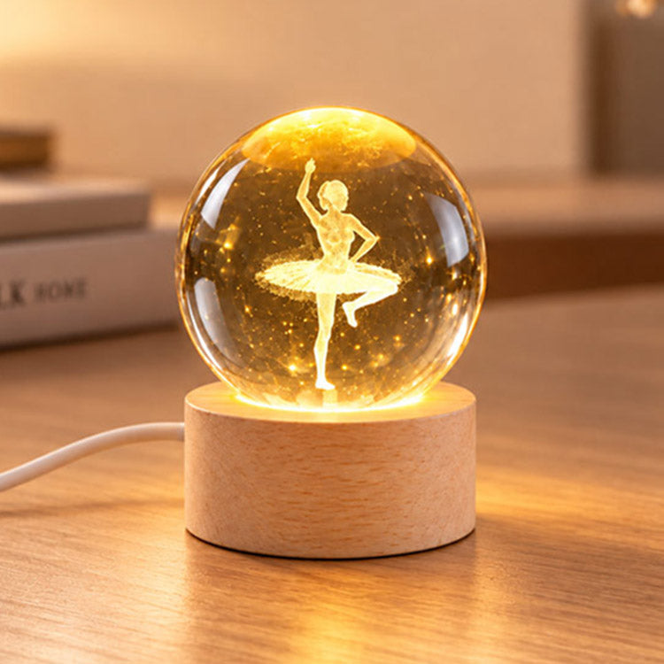 Balerin Cam Küre Gece Lambası – Ahşap Tabanlı Mini Dekor