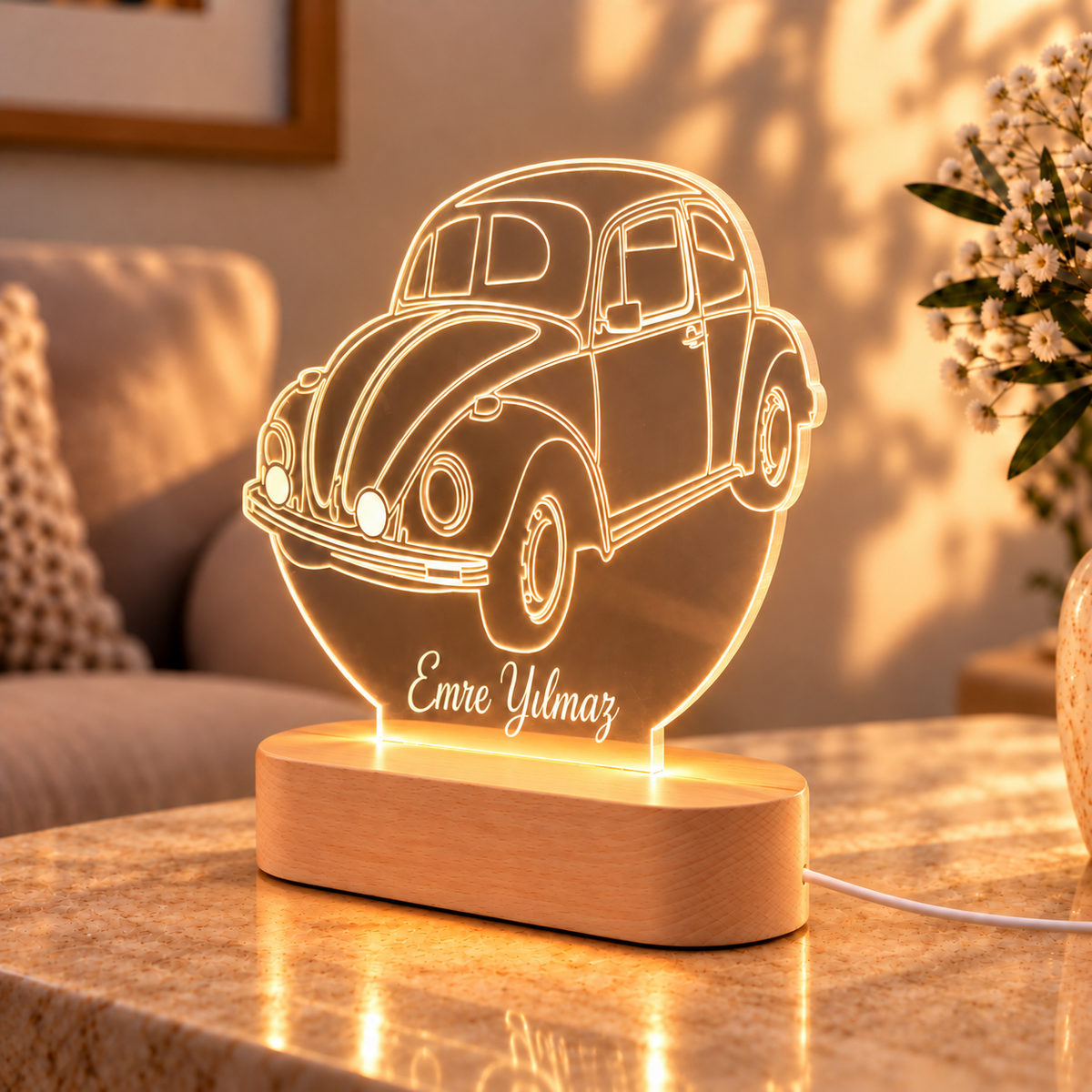 İsme Özel VW Beetle LED Gece Lambası - açılı görünüm