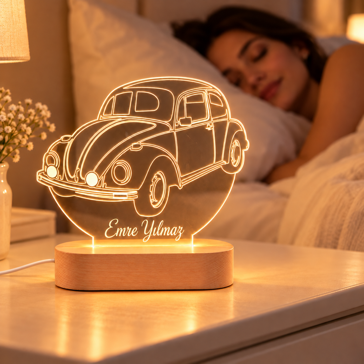 İsme Özel VW Beetle LED Gece Lambası - komodin üzerinde sıcak ışık